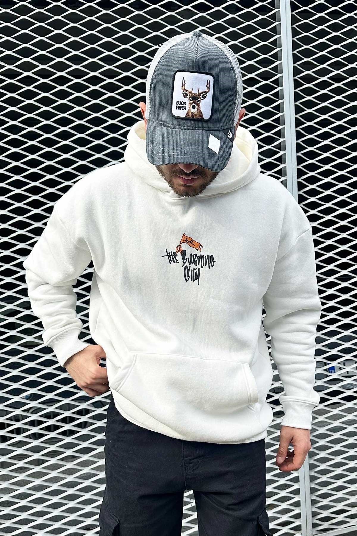 Normal Kalıp Beyaz Baskılı Sweatshirt