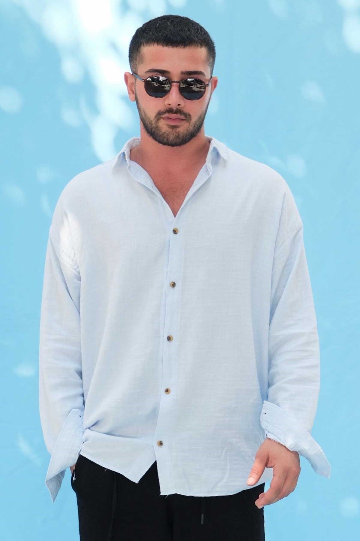 Oversize Açık Mavi Keten Gömlek