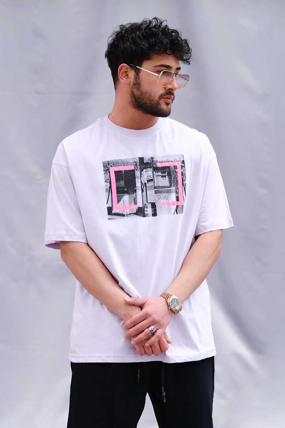Oversize Baskılı Lila T-Shirt