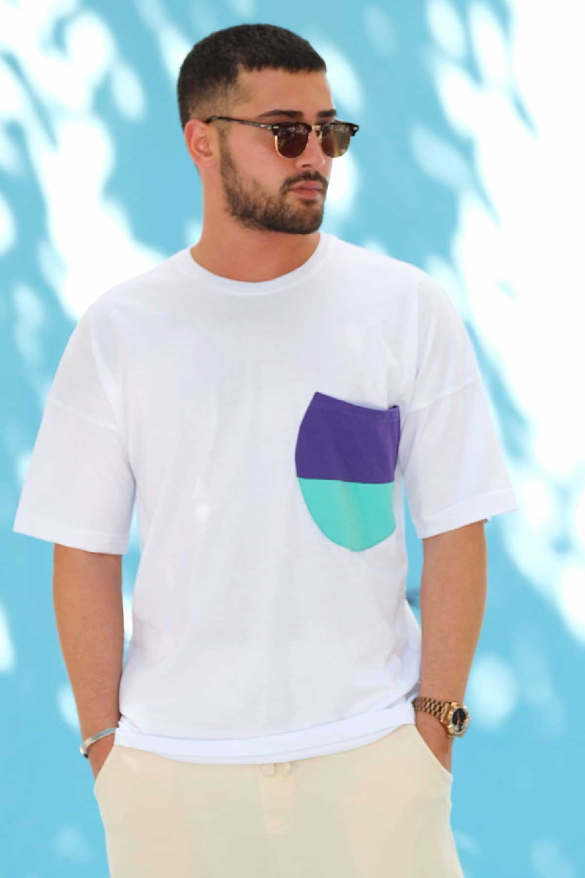 Oversize Beyaz Cepli T-Shirt 