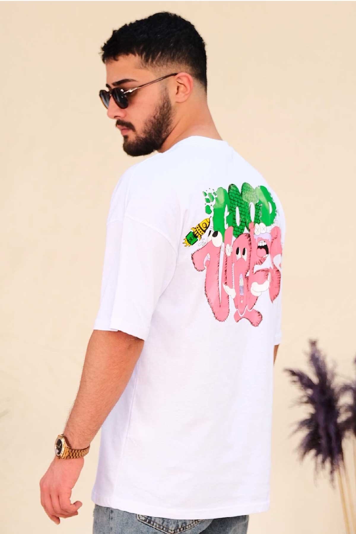 Oversize Beyaz Good Vibes T-Shirt