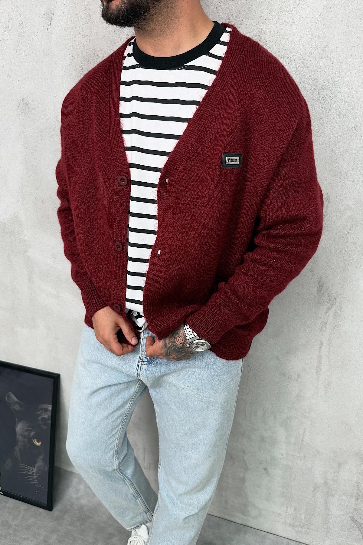 Oversize Bordo Örme Hırka