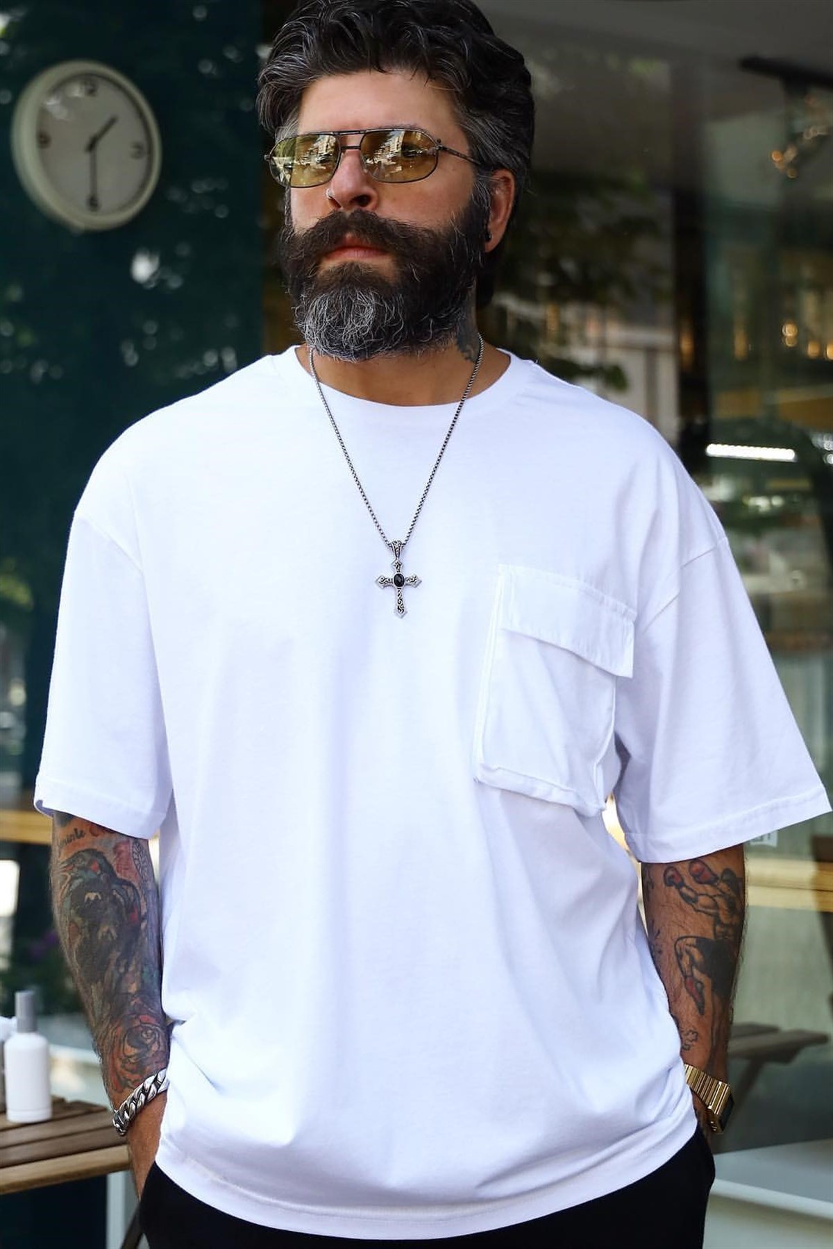Oversize Cepli T-Shirt Beyaz