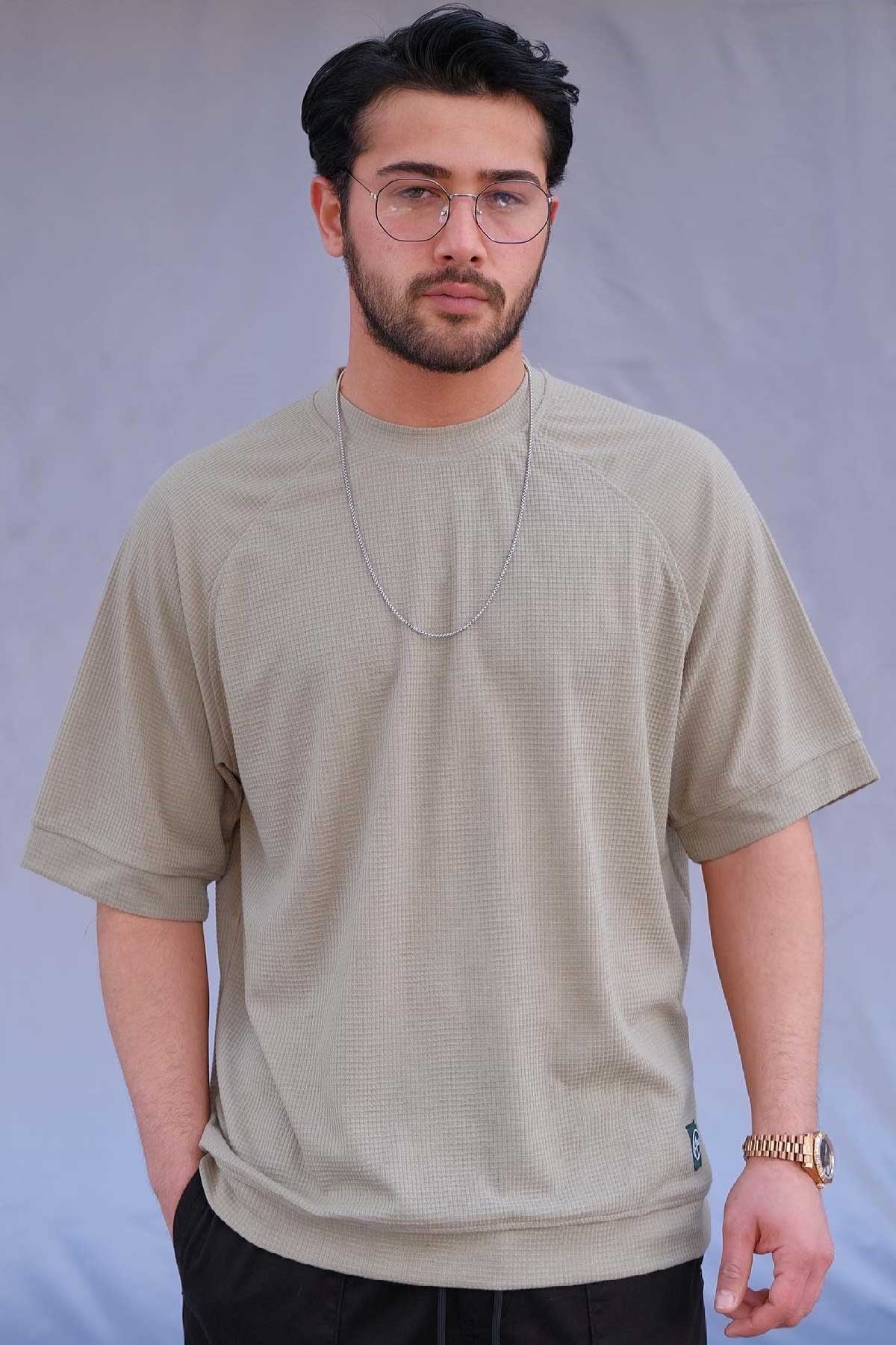 Oversize Haki Waffle Kumaş T-Shirt