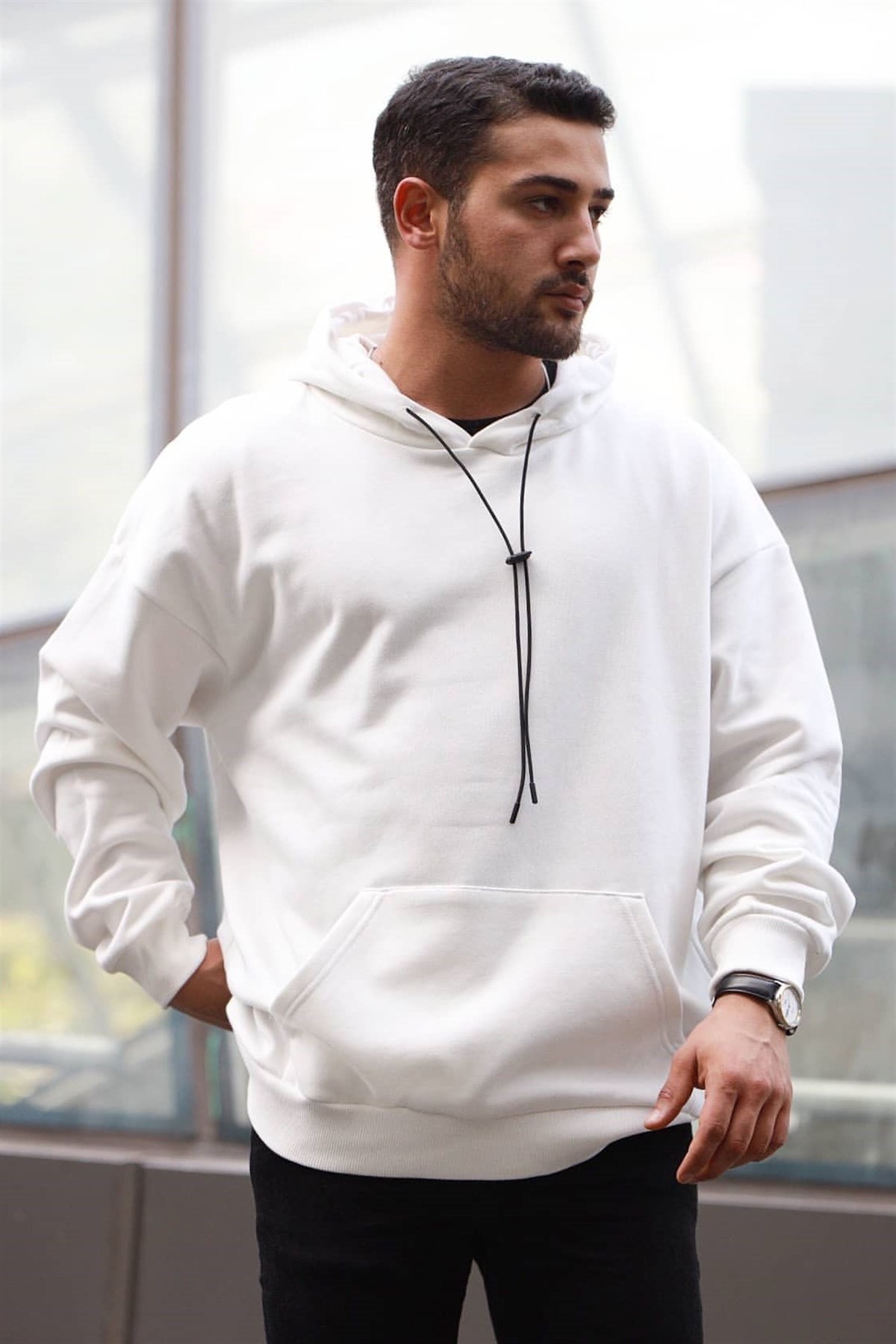 Oversize Kapüşonlu Sweatshirt Beyaz