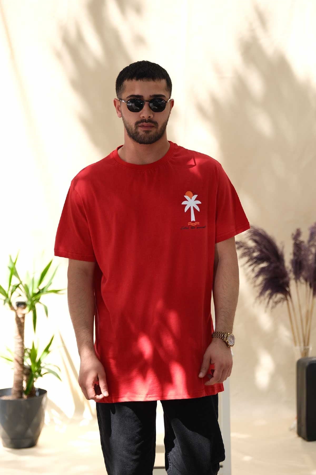 Oversize Kırmızı Palmiye T-Shirt