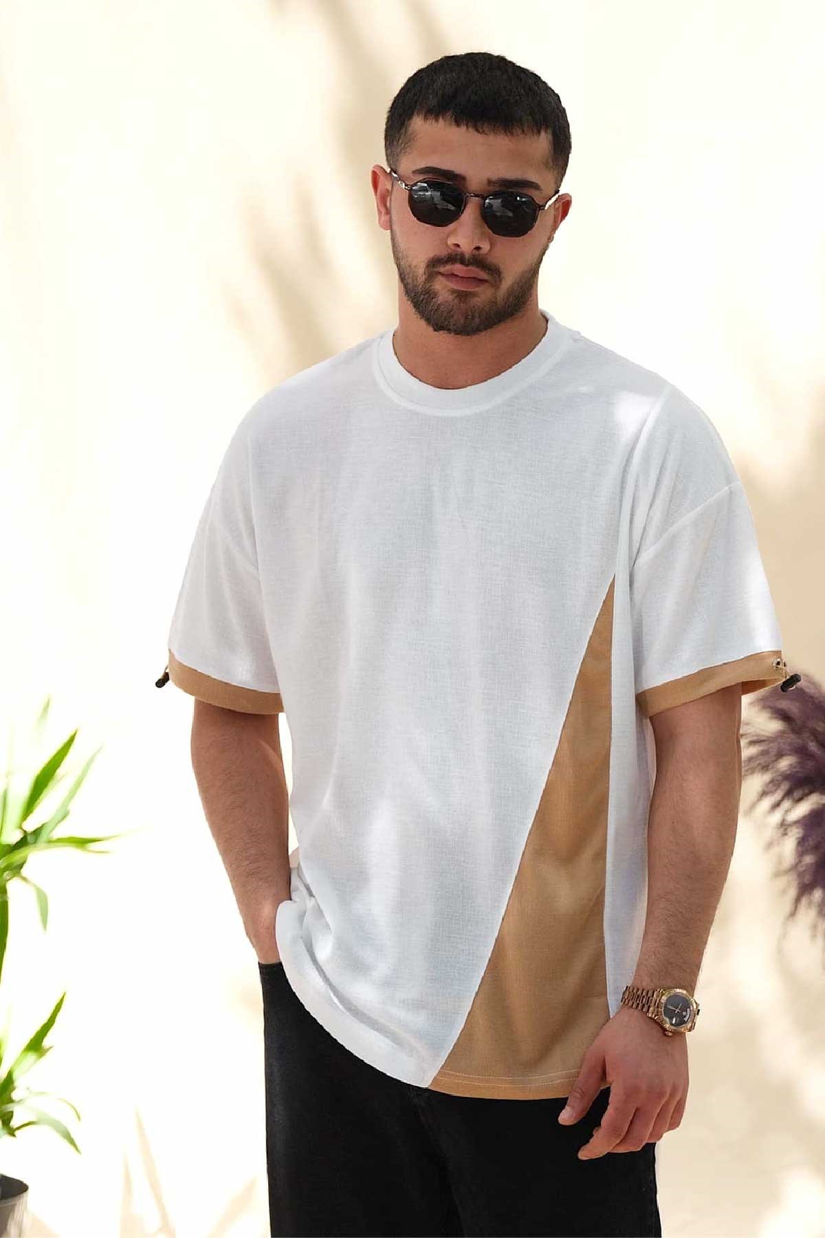 Oversize Krem Desenli Beyaz T-Shirt