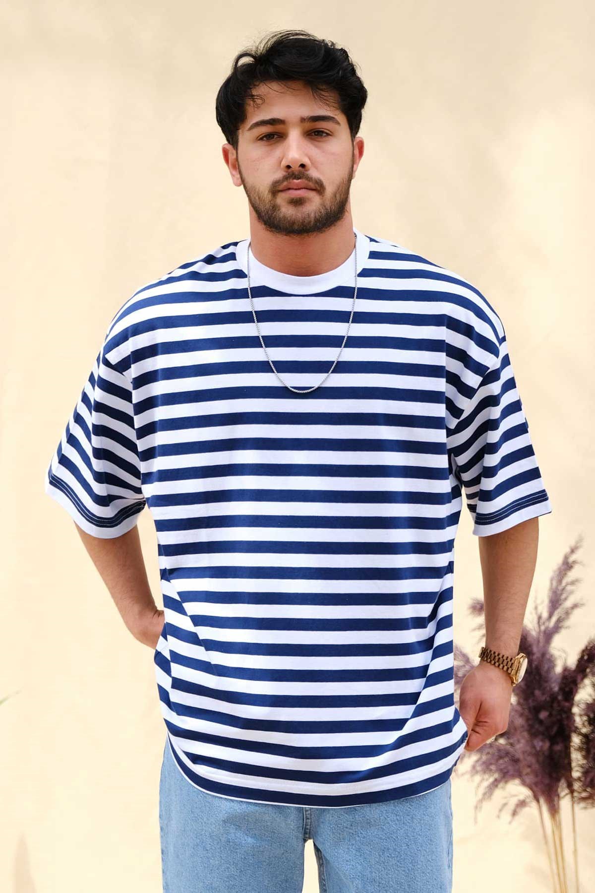 Oversize Mavi Çizgili T-Shirt