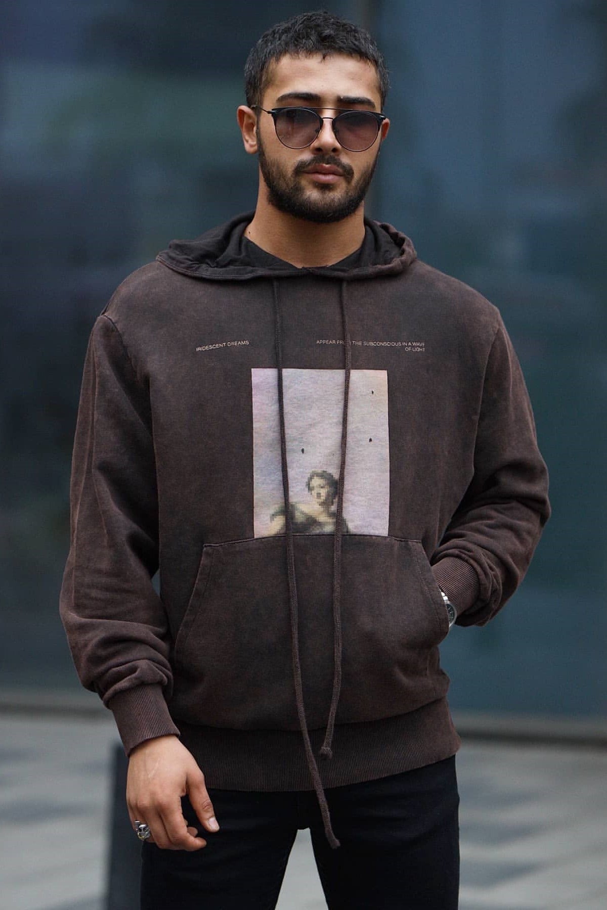 Oversize Önü Baskılı Kapüşonlu Sweatshirt Kahve