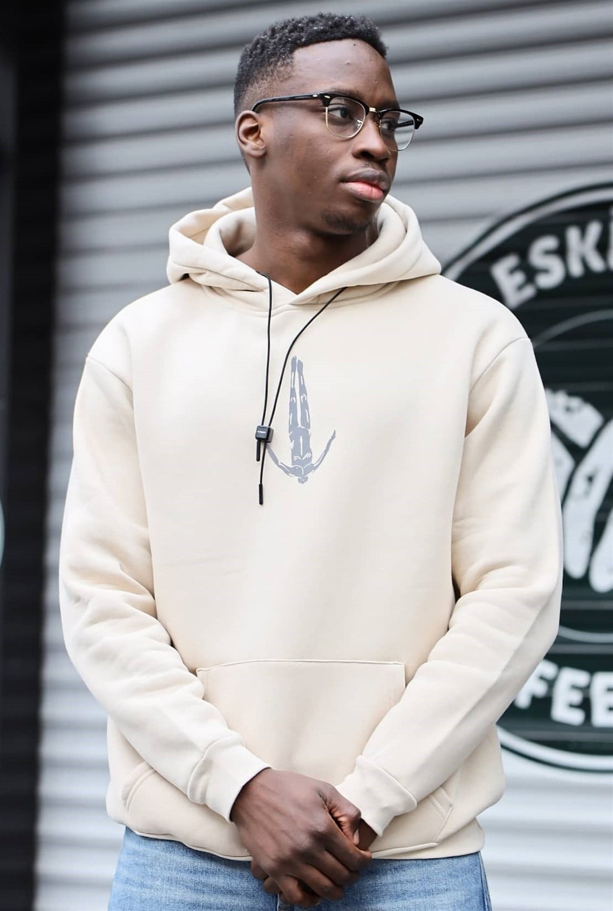 Oversize Önü Baskılı Kapüşonlu Sweatshirt Bej