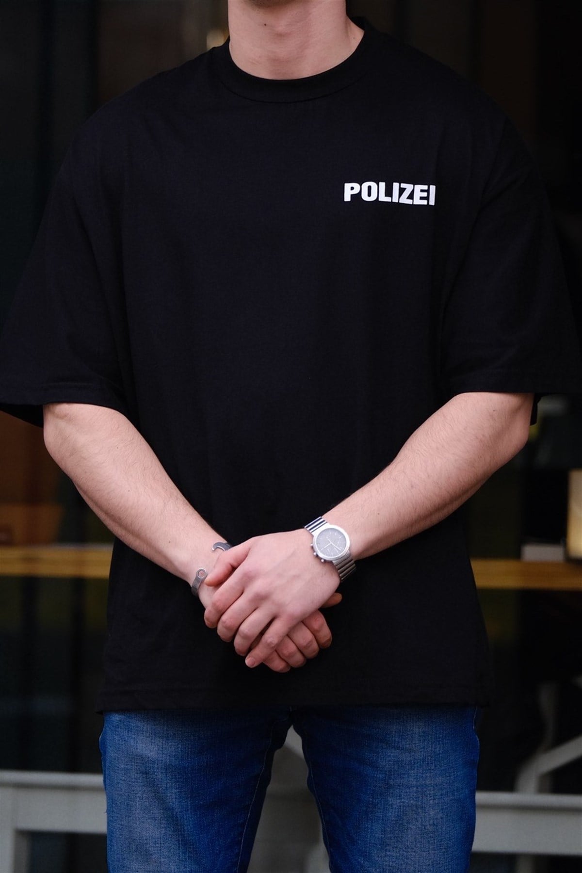 Oversize Polizei T-Shirt Siyah
