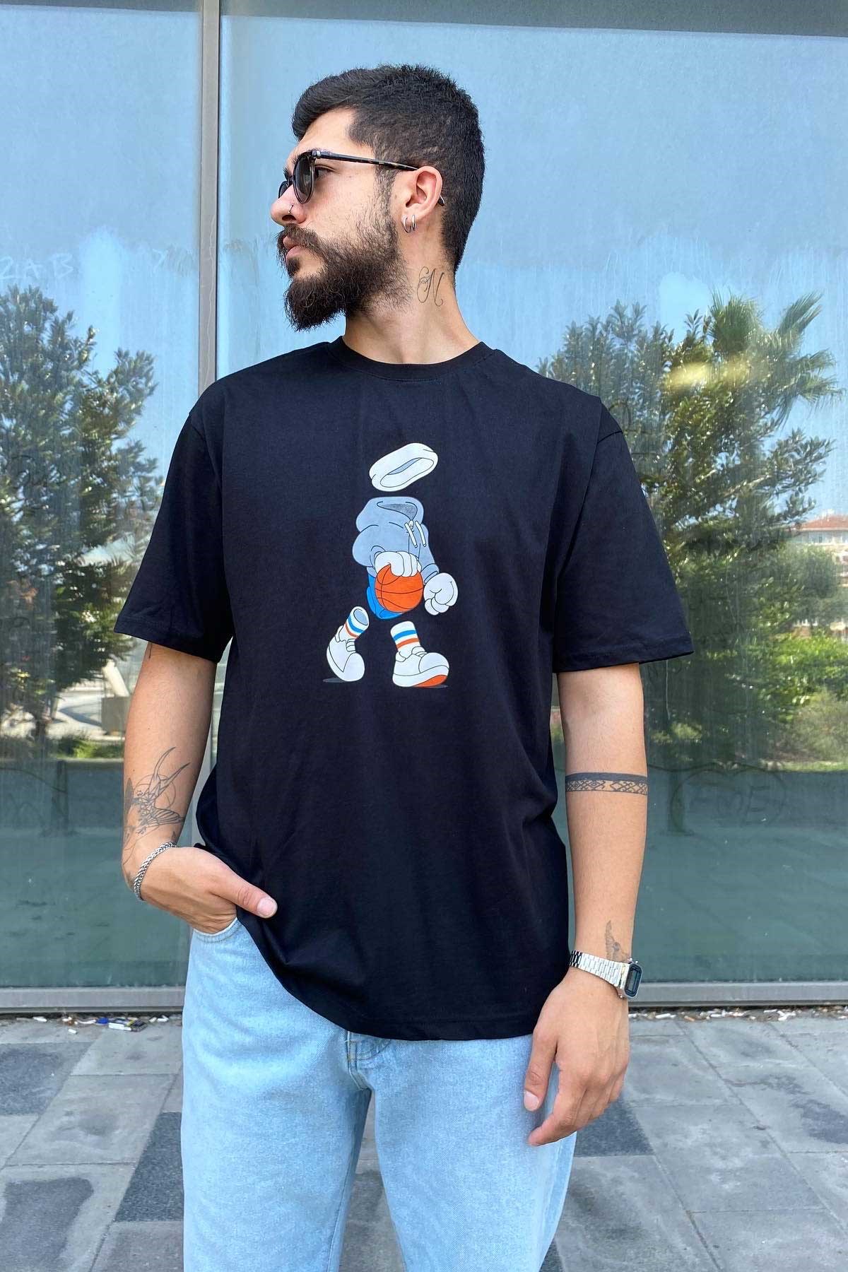 Oversize Siyah Baskılı T-Shirt