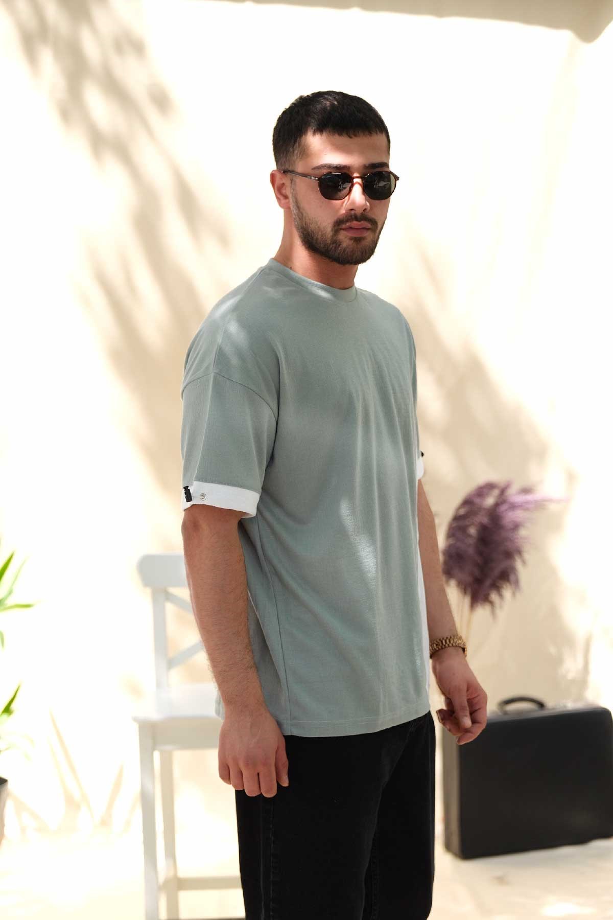Oversize Turkuaz Beyaz Desenli T-Shirt