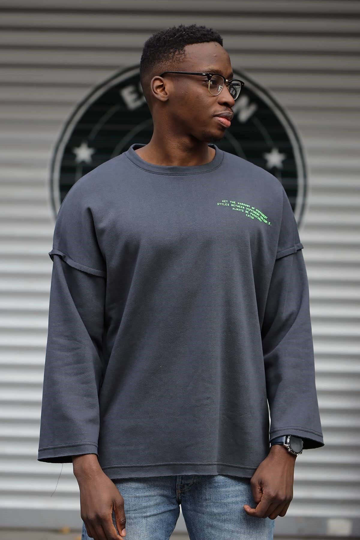 Oversize Yandan Fermuarlı Sweatshirt Koyu Gri