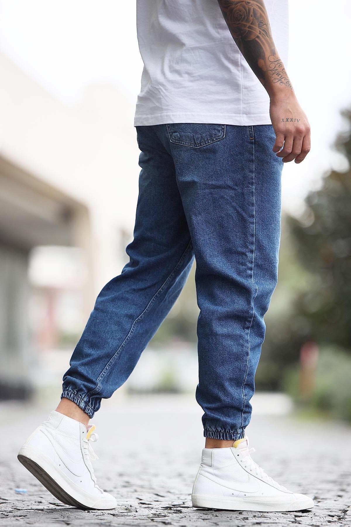Paça Lastikli Boyfriend Jeans Mavi