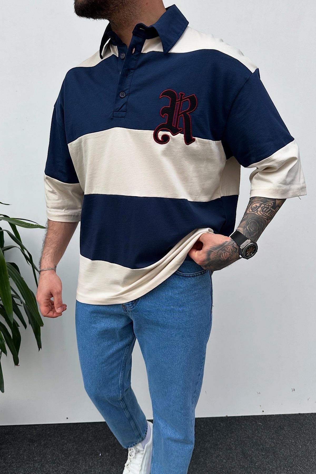 Parçalı Baskılı Fakir Kol Polo Yaka T-Shirt