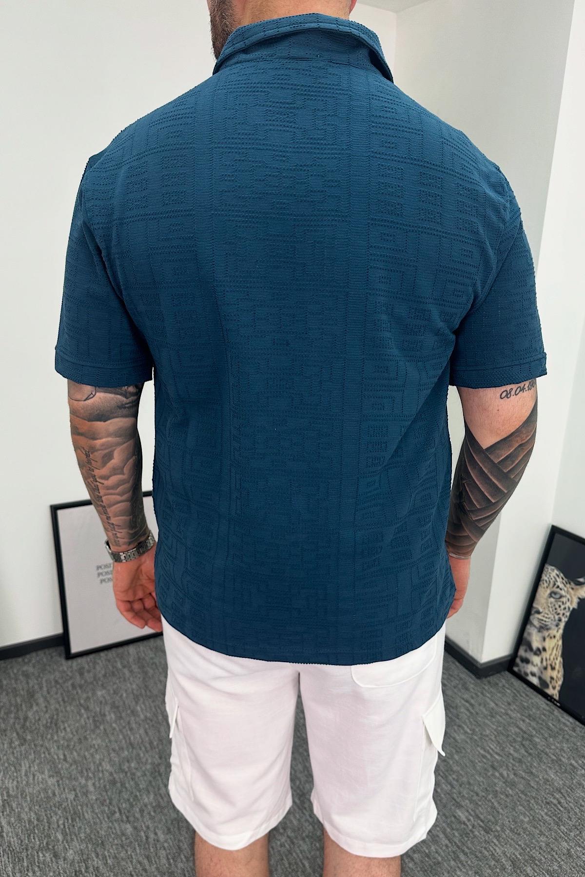 Petrol Mavi Desenli Polo Yaka T-Shirt