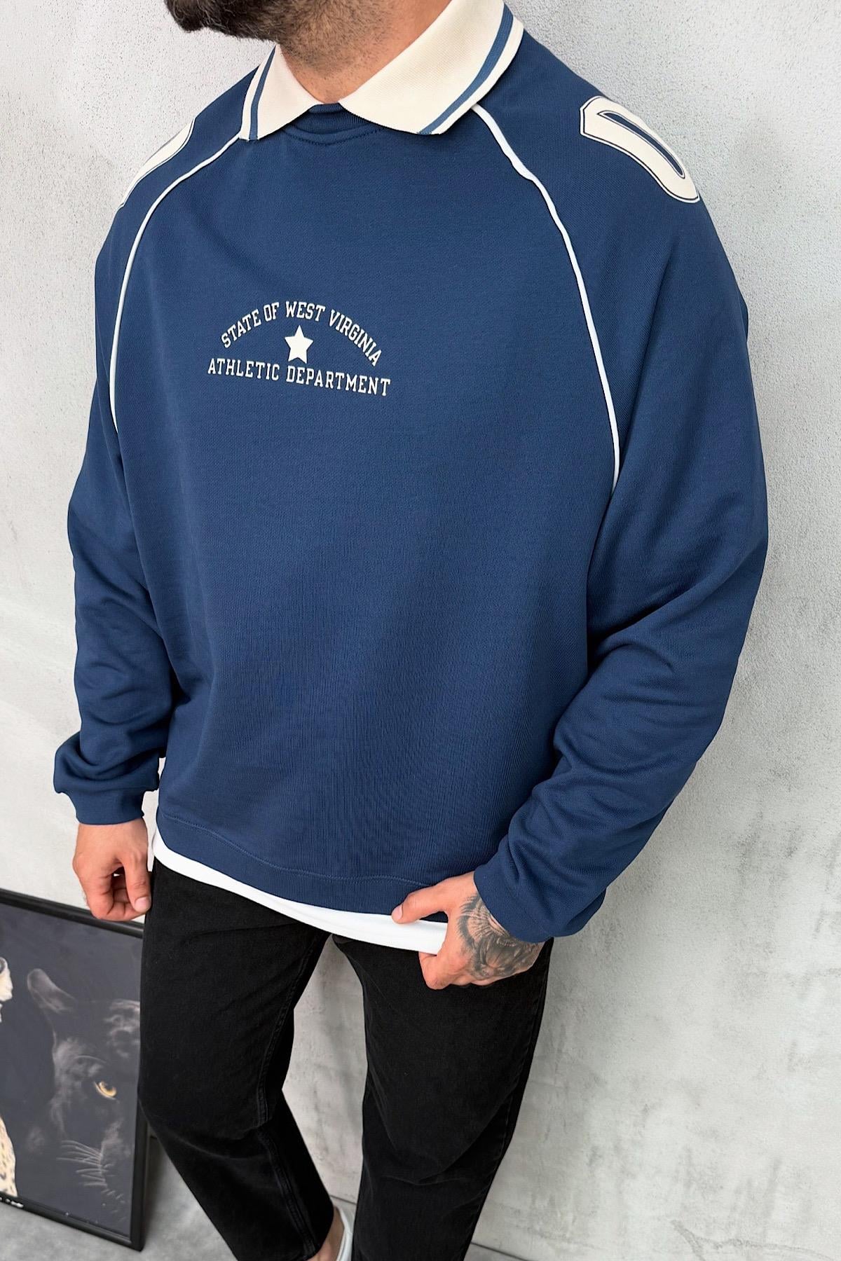 Polo Yaka Baskılı Oversize Sweatshirt