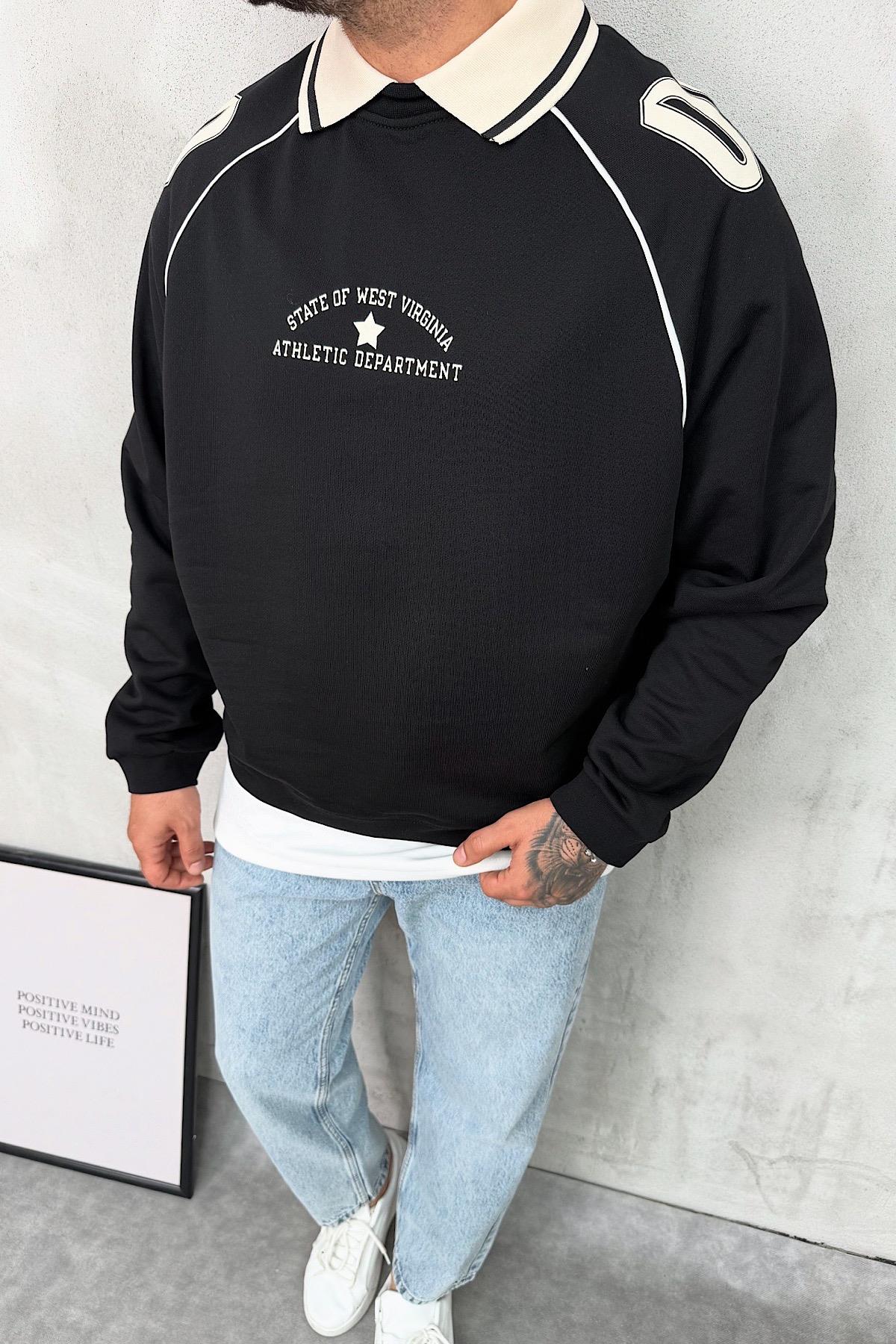Polo Yaka Baskılı Oversize Sweatshirt