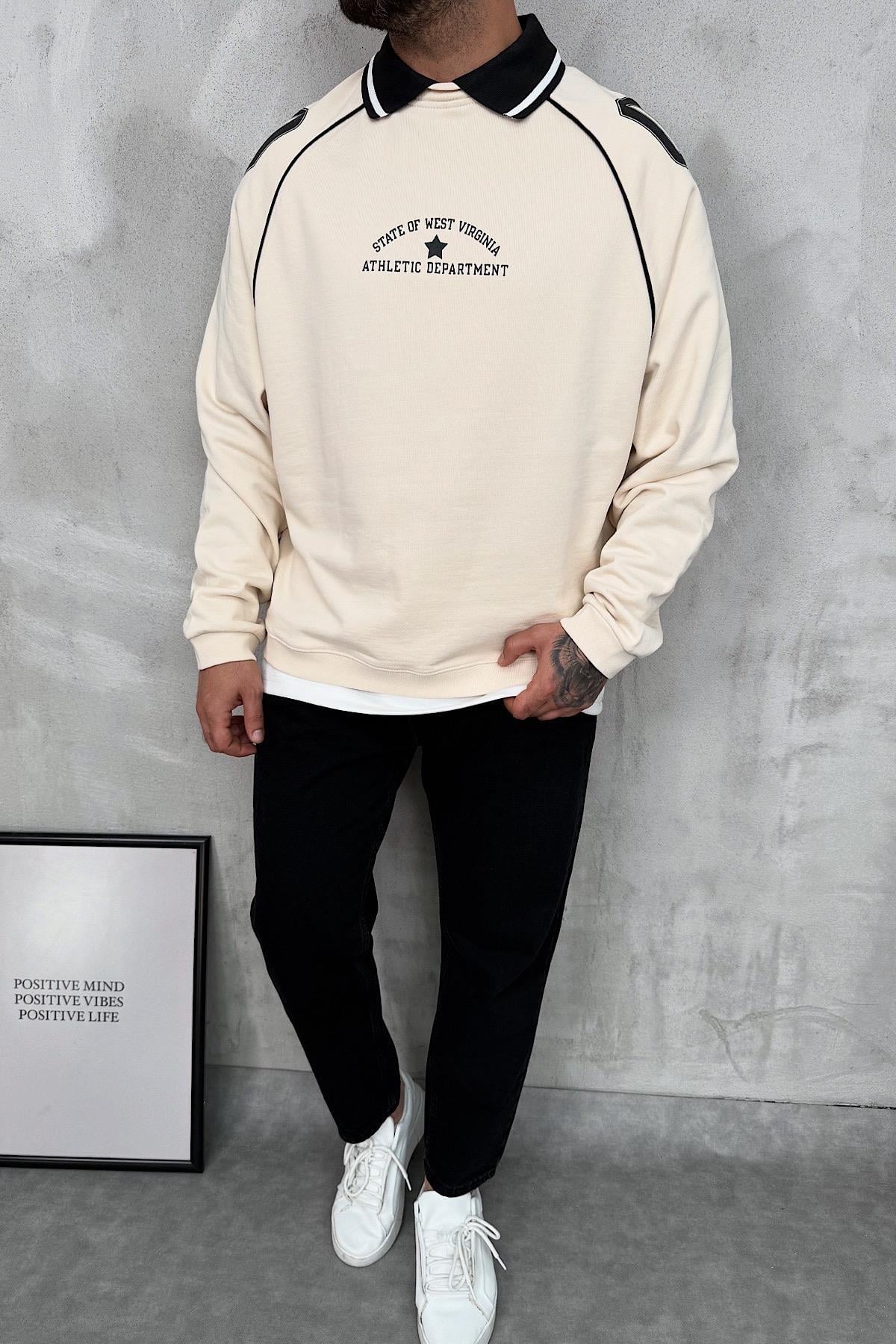 Polo Yaka Baskılı Oversize Sweatshirt