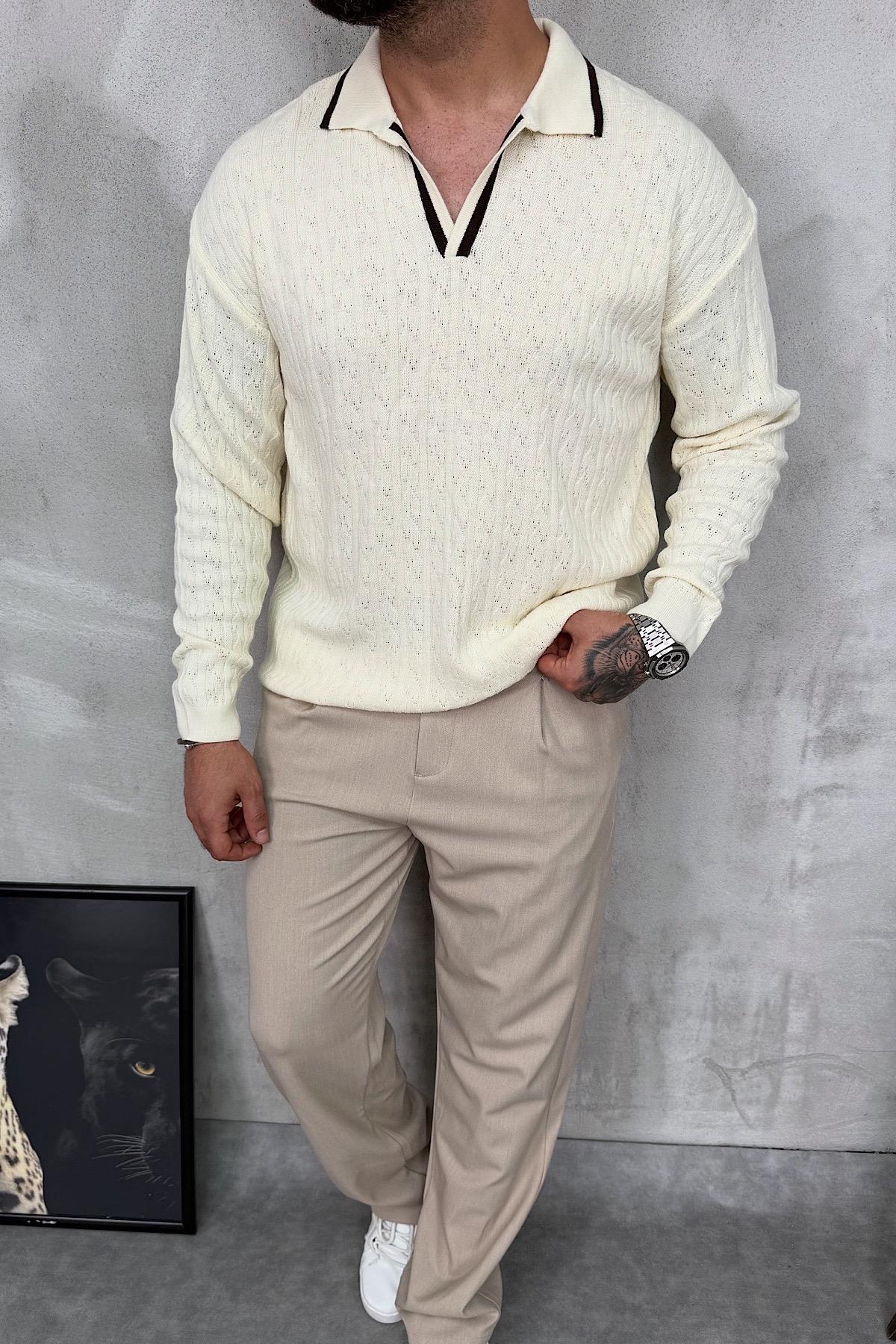 Polo Yaka Bej Örme Triko