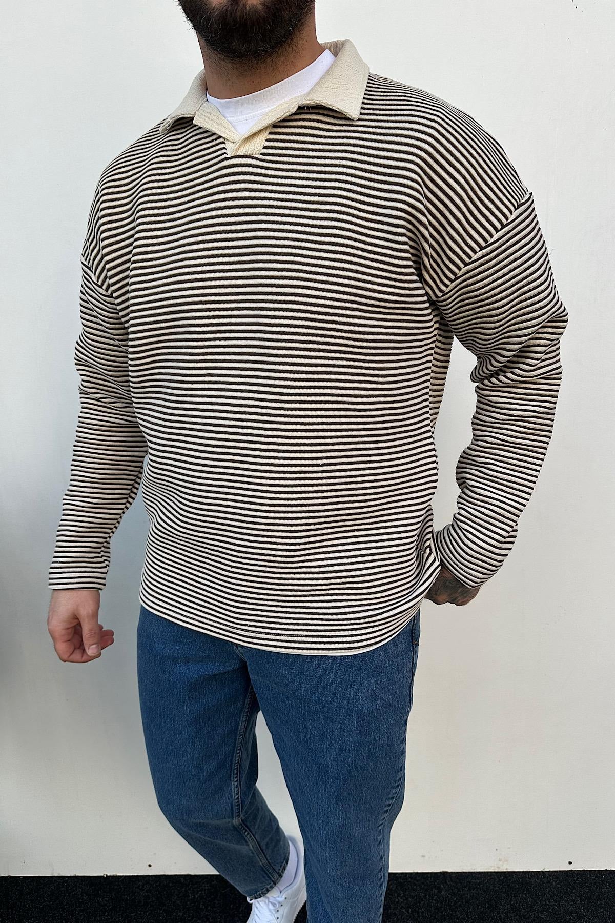 Polo Yaka Çizgili Sweatshirt