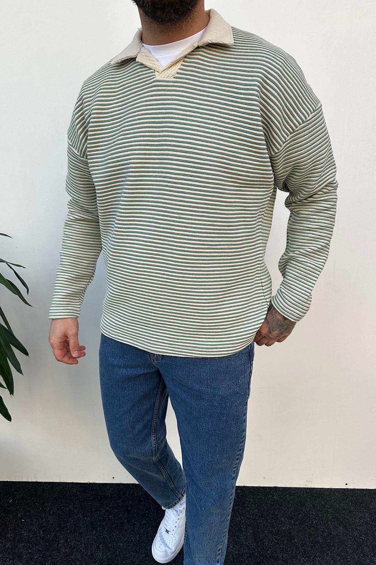 Polo Yaka Çizgili Sweatshirt