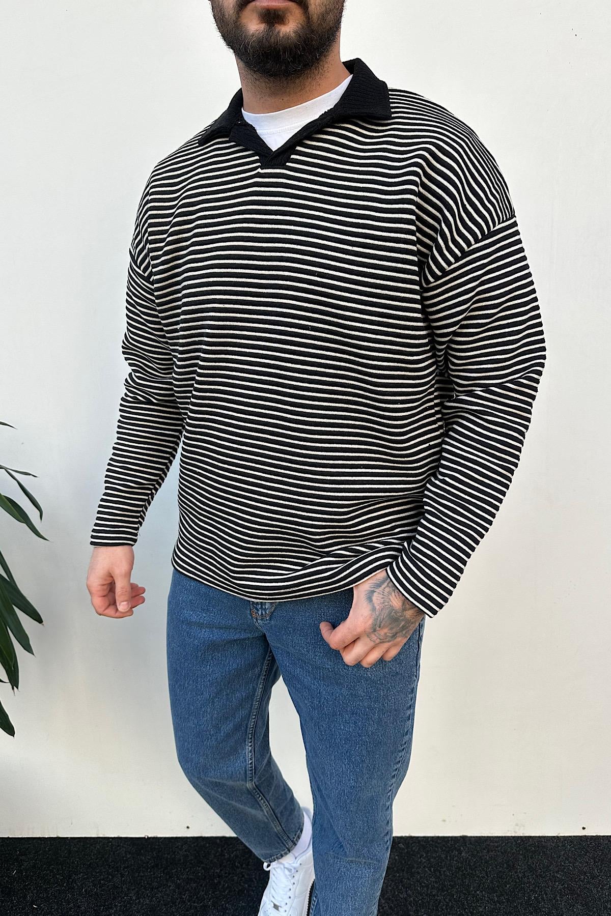 Polo Yaka Çizgili Sweatshirt