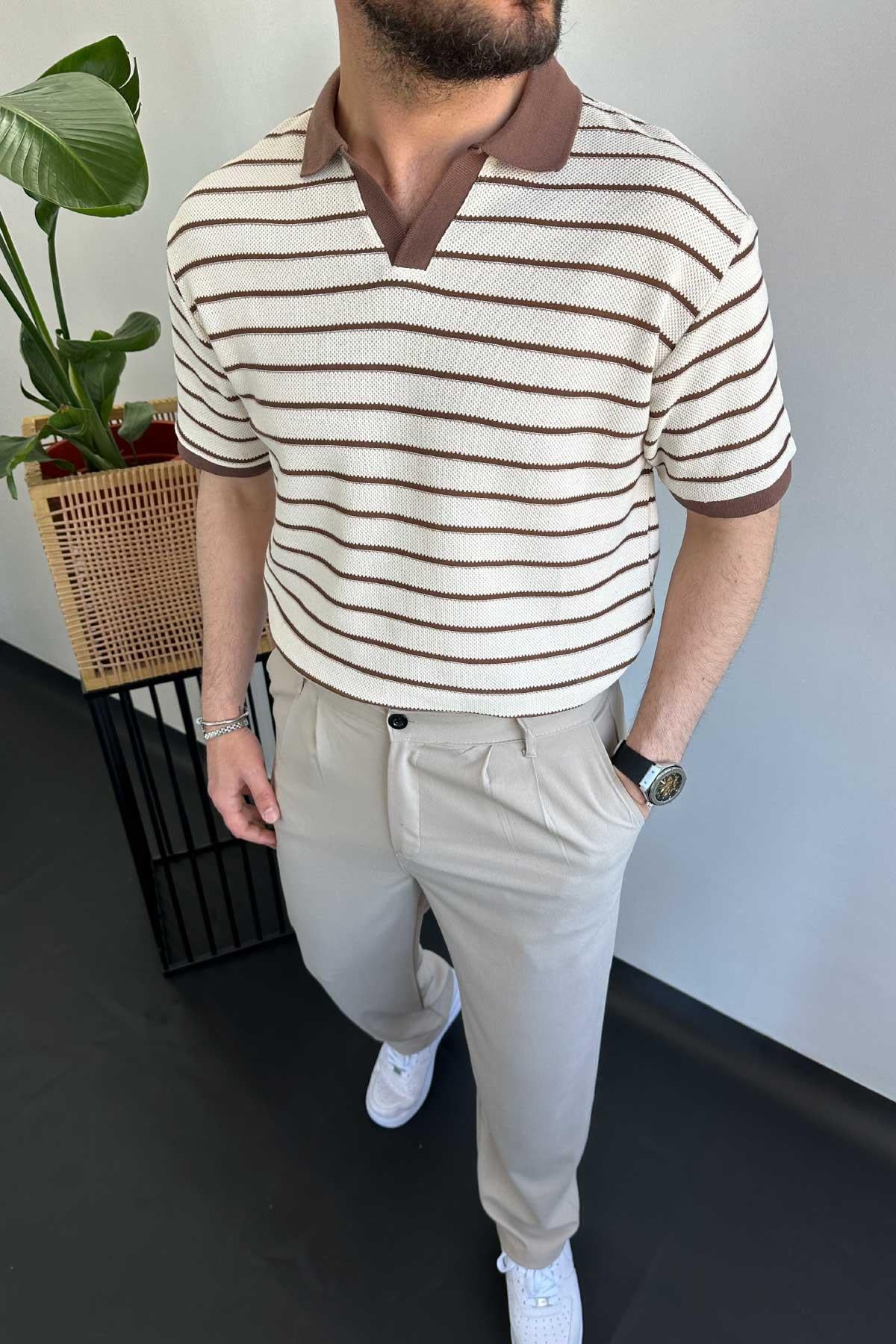 Polo Yaka Kaverengi Çizgili Normal Kalıp T-Shirt
