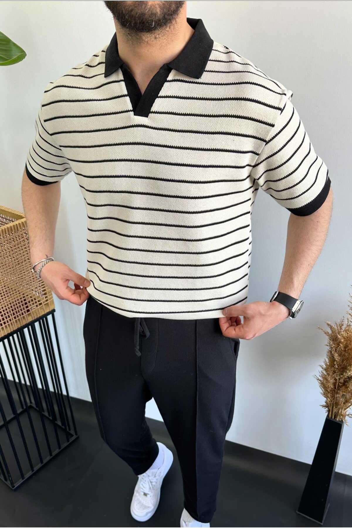 Polo Yaka Siyah Beyaz Çizgili Normal Kalıp T-Shirt