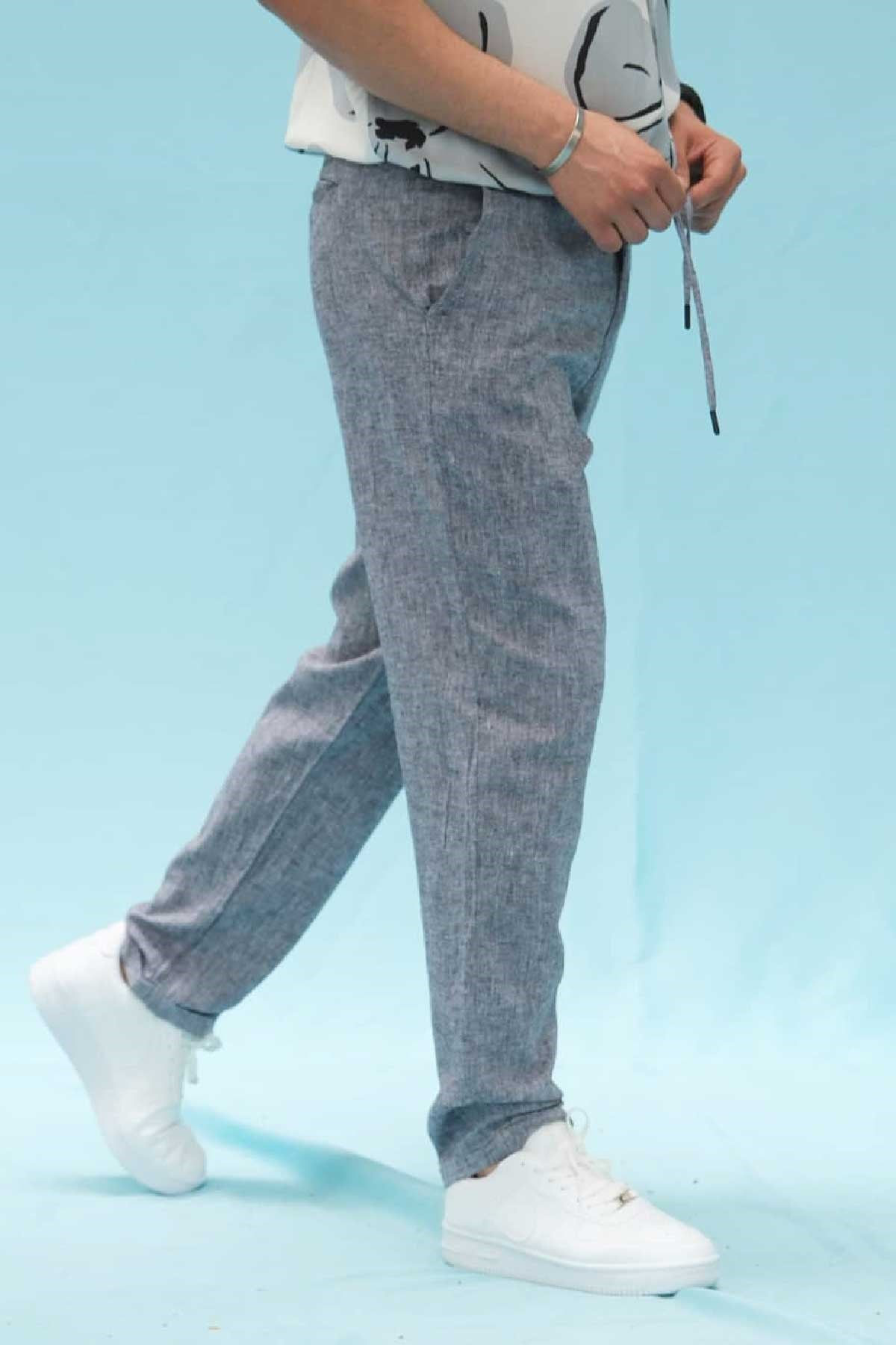 Rahat Kalıp Gri Keten Pantalon