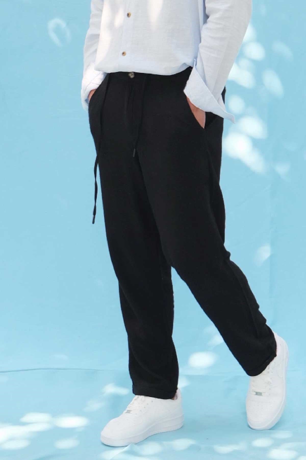 Rahat Kalıp Siyah Keten Pantolon