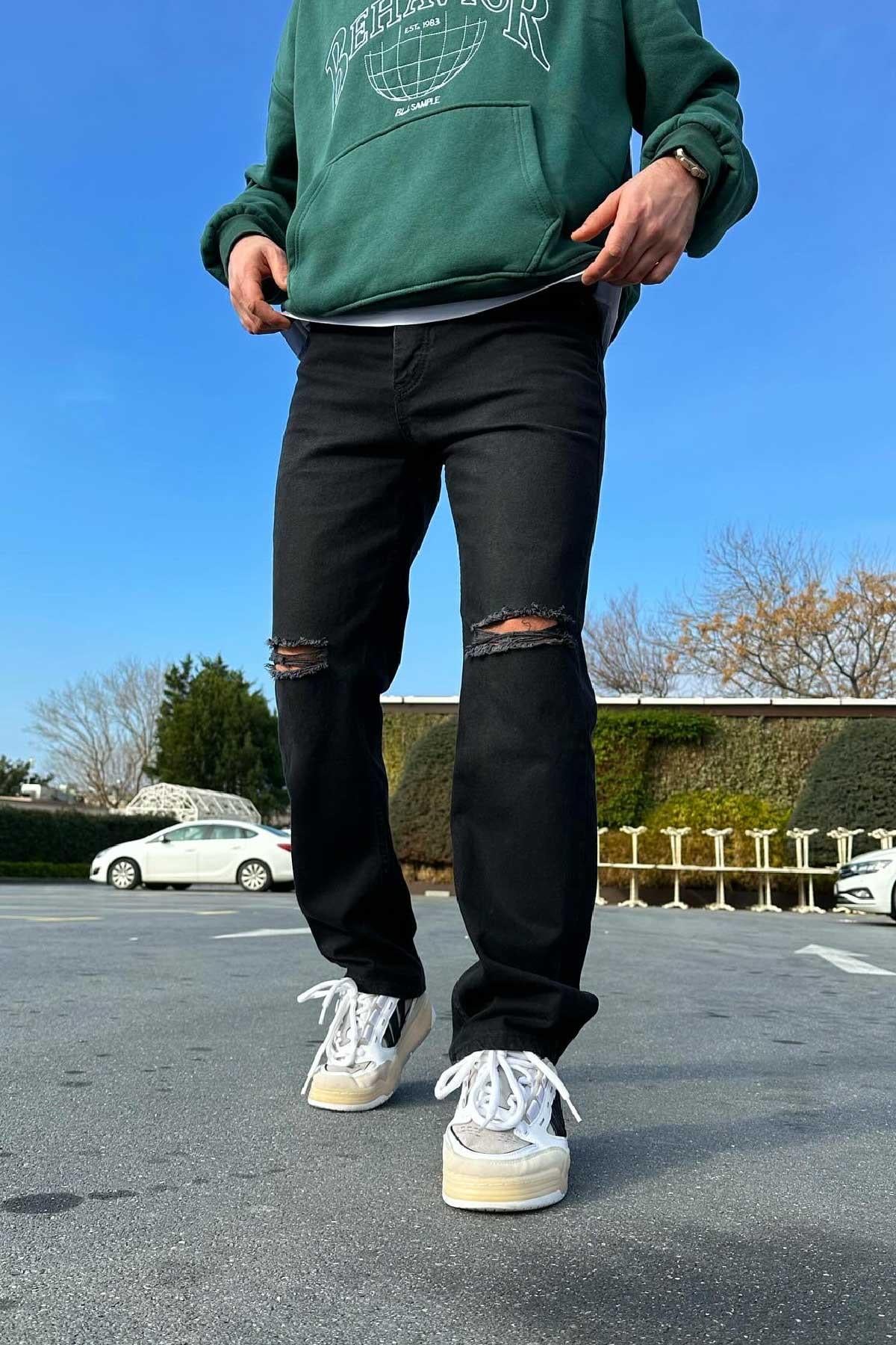 Siyah Baggy Dizi Yırtık Jean