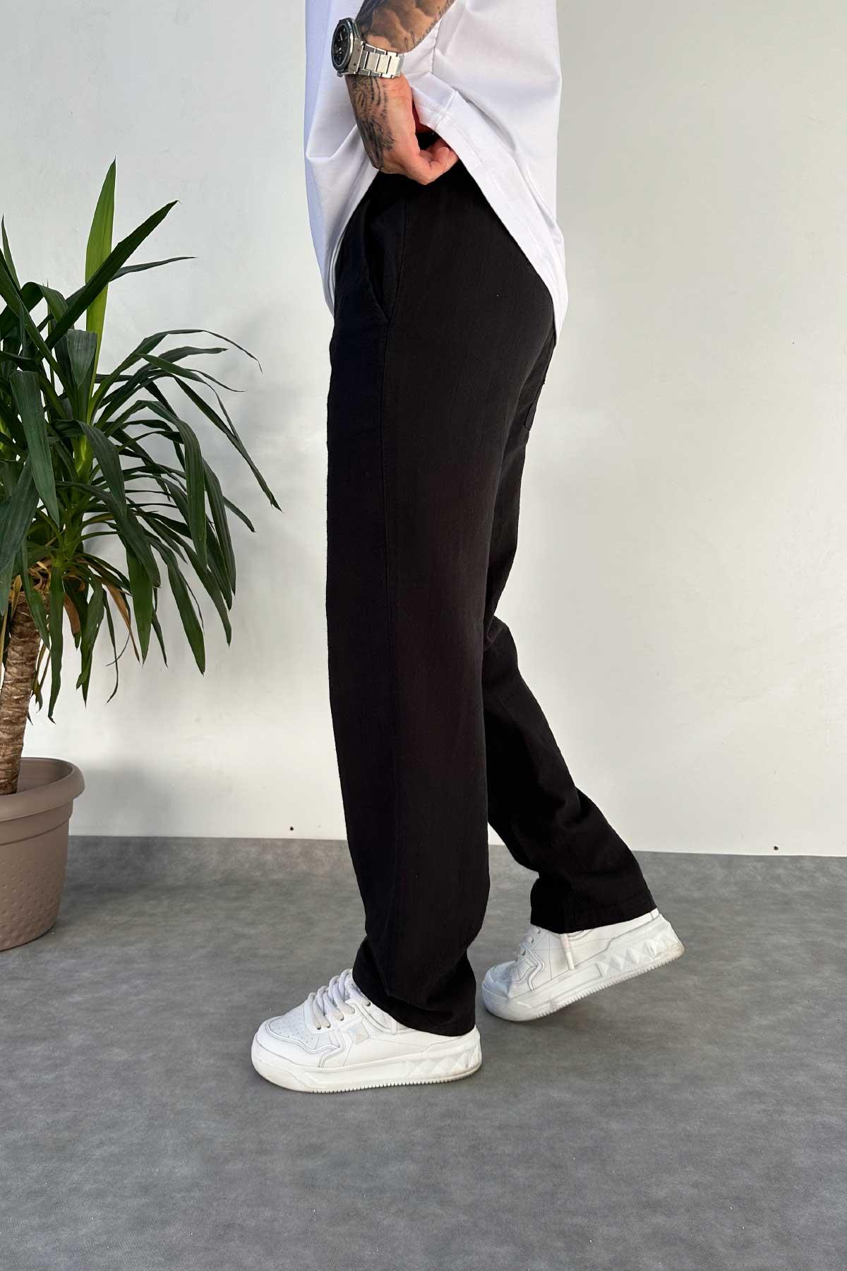 Siyah Baggy Kalıp Keten Pantolon
