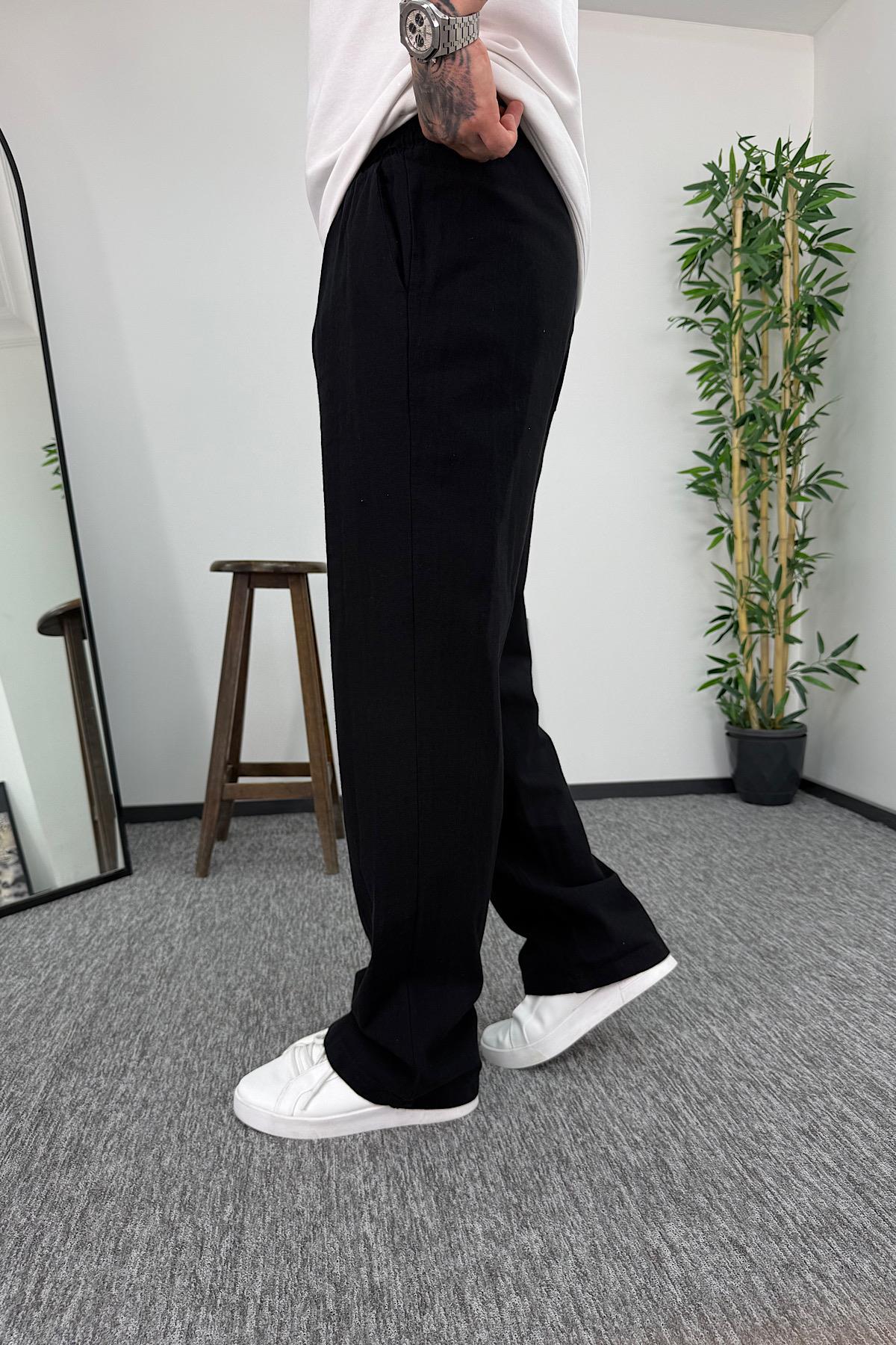 Siyah Baggy Keten Pantolon 