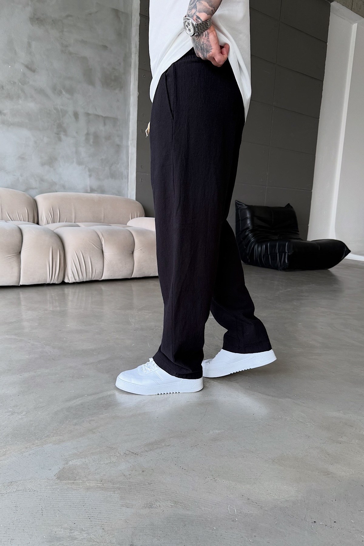 Siyah Baggy Keten Pantolon 