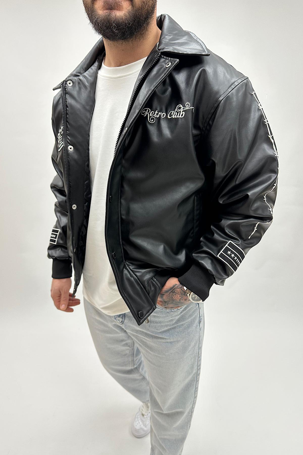 Siyah Baskılı Deri Ceket