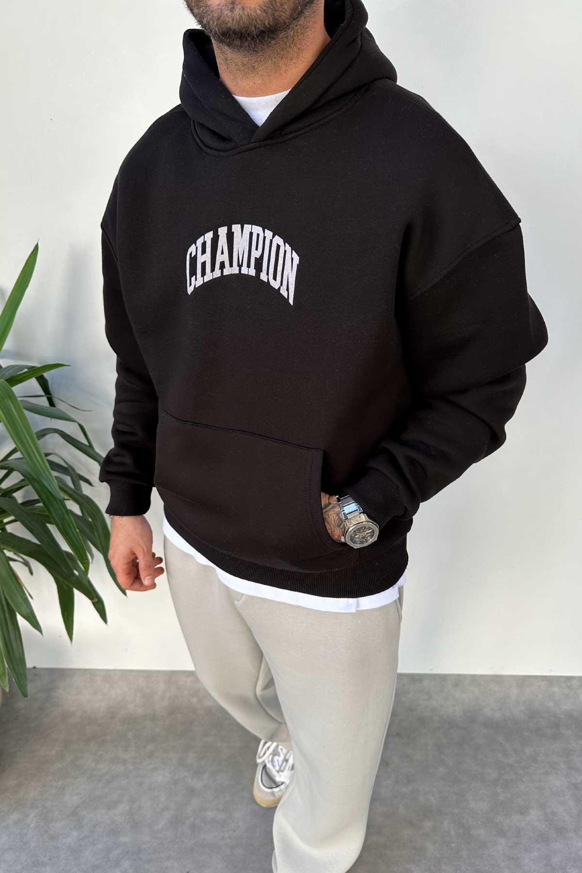 Siyah Baskılı Kapşonlu Sweatshirt