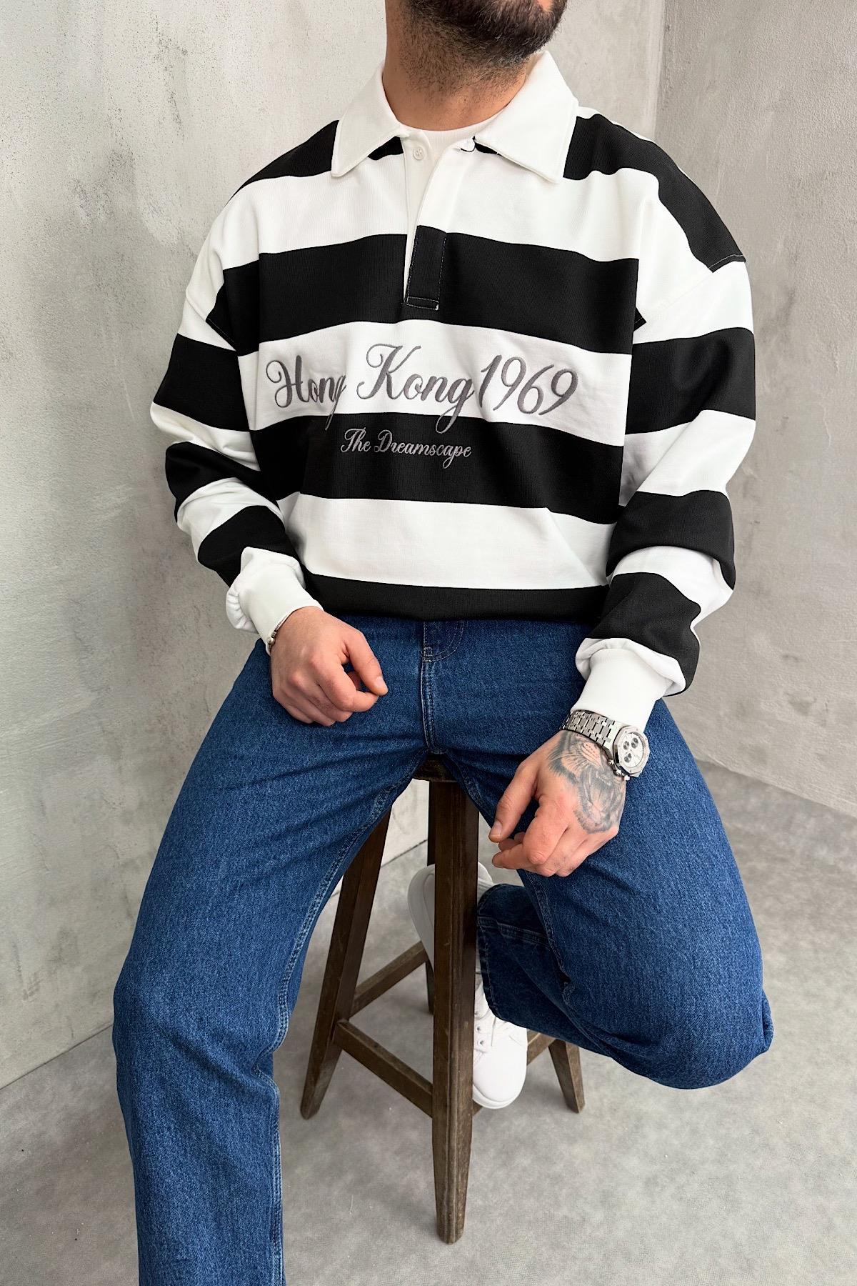 Siyah Beyaz Çizgili Polo Yaka Sweatshirt