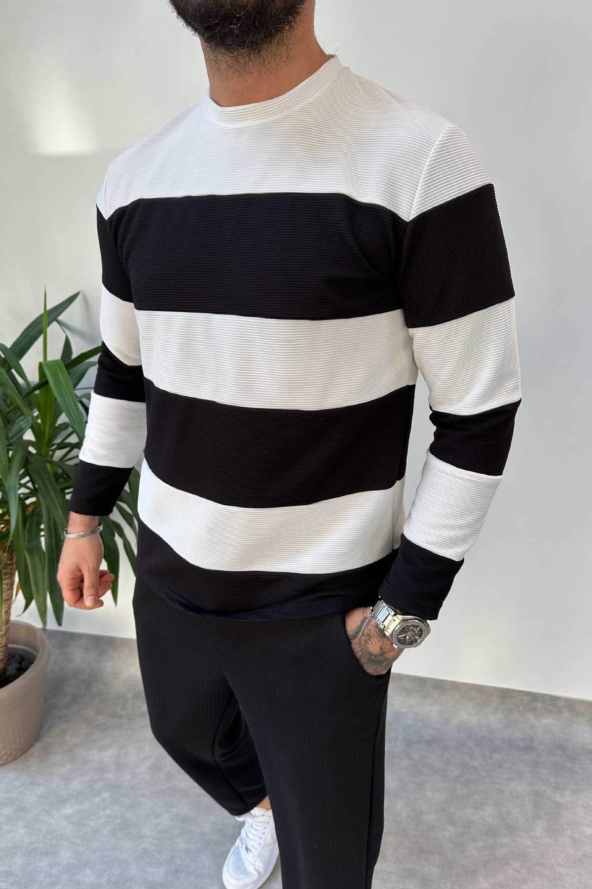 Siyah Beyaz Parçalı Fitilli Sweatshirt