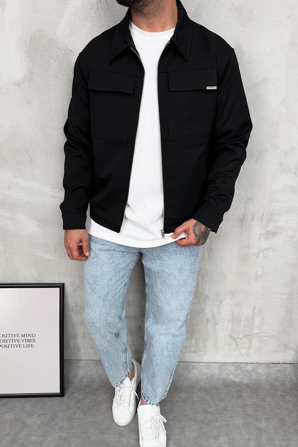 Siyah Boxy Fit Çift Cepli Ceket