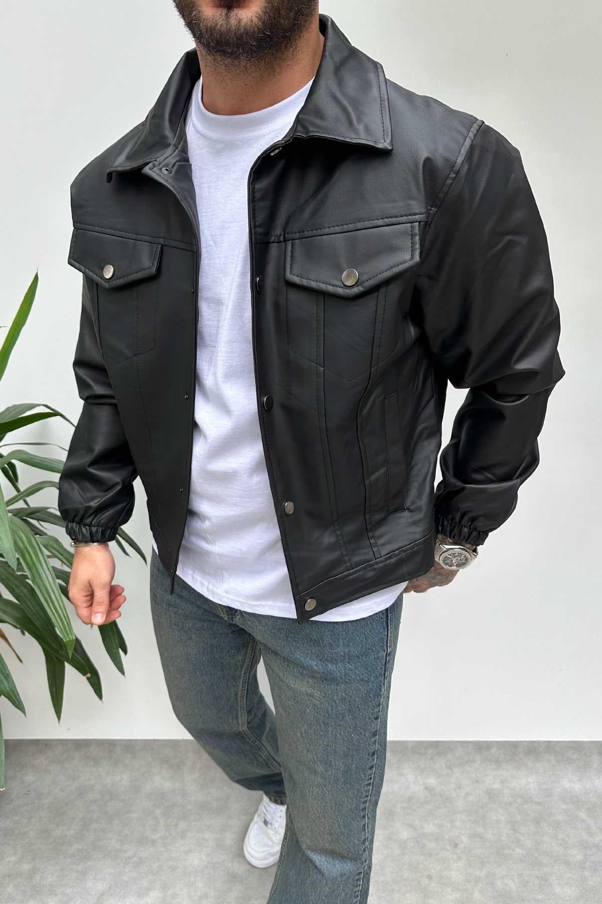 Siyah Cepli Deri Ceket 