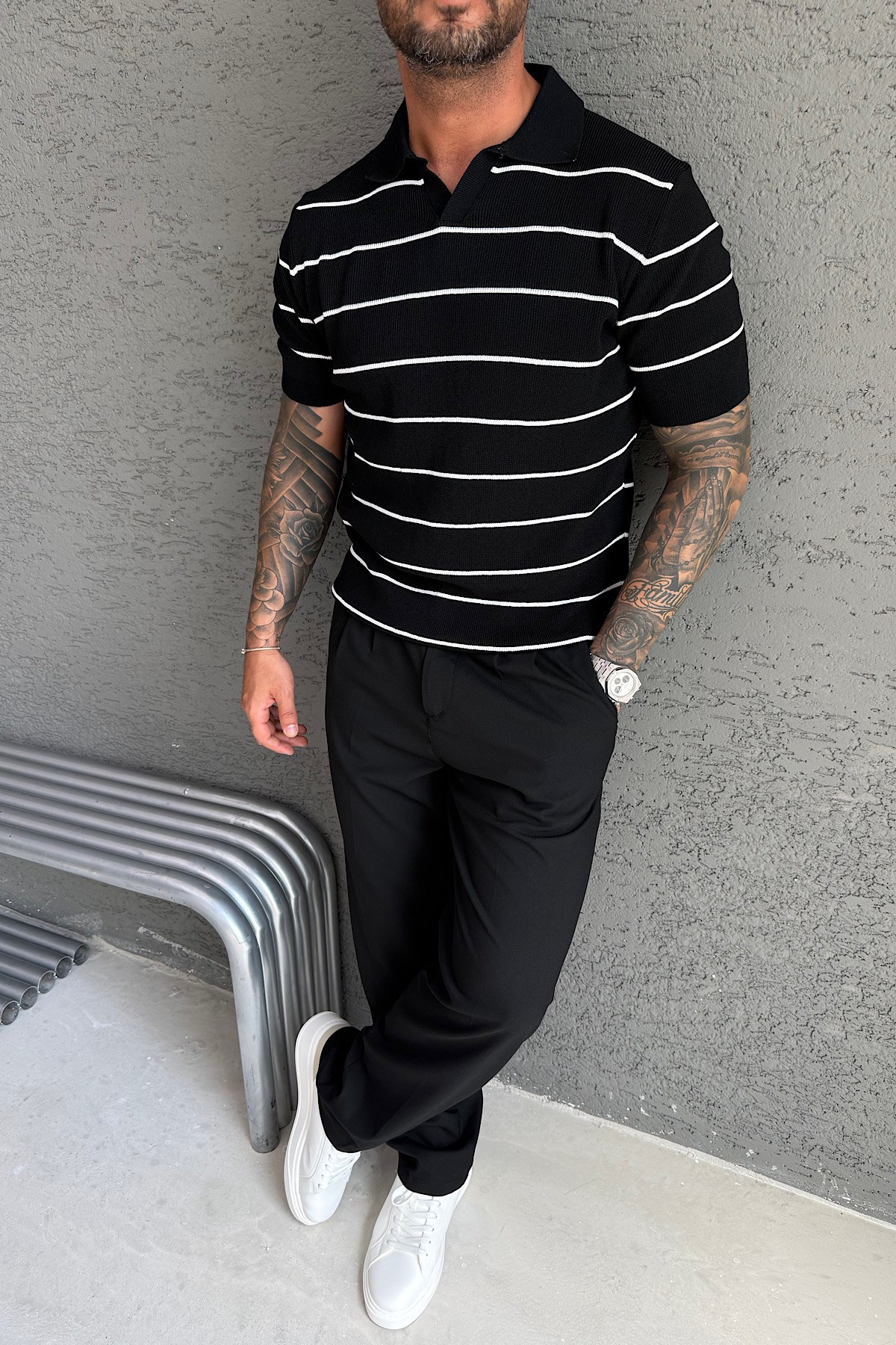Siyah Çizgili Polo Yaka Triko T-Shirt