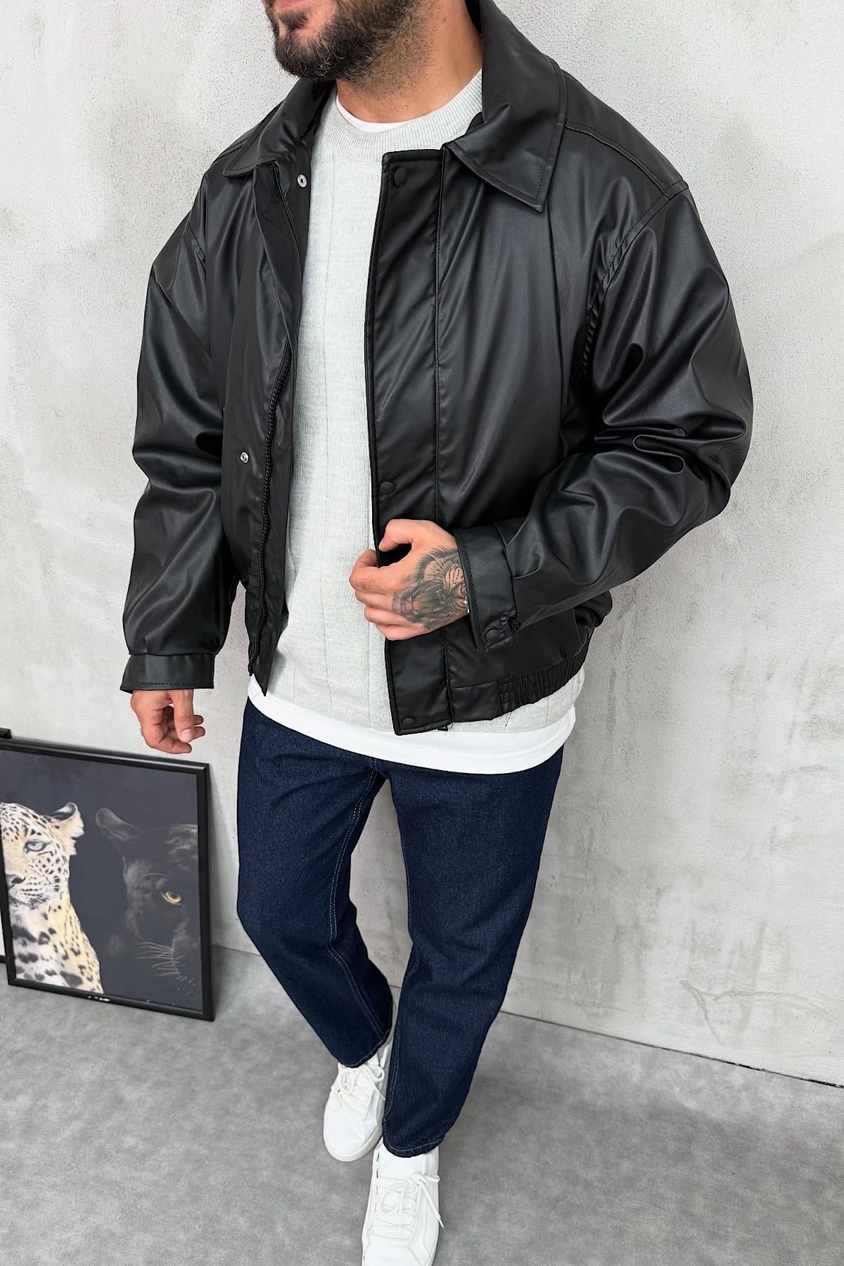 Siyah Deri Bomber Ceket 