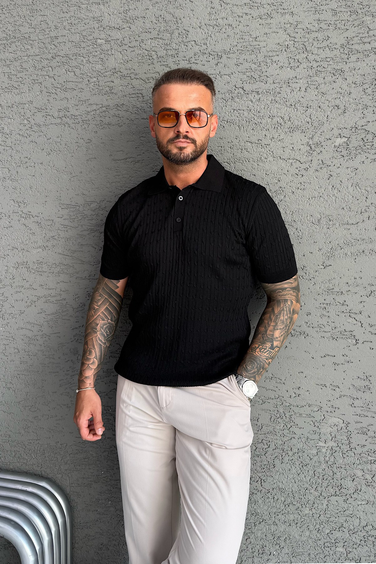 Siyah Fermuarlı Çizgili Polo Yaka T-Shirt