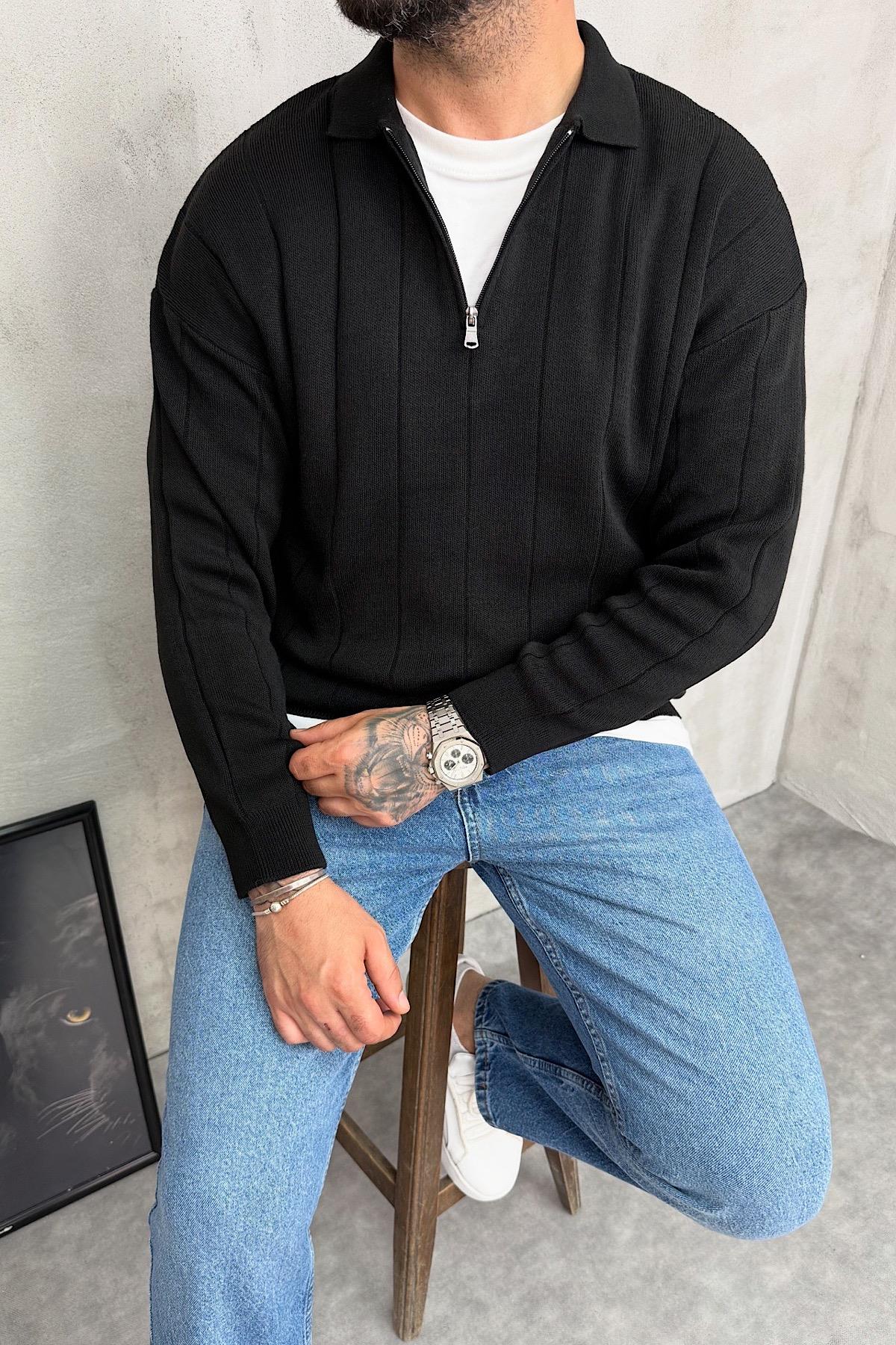 Siyah Fermuarlı Polo Yaka Triko