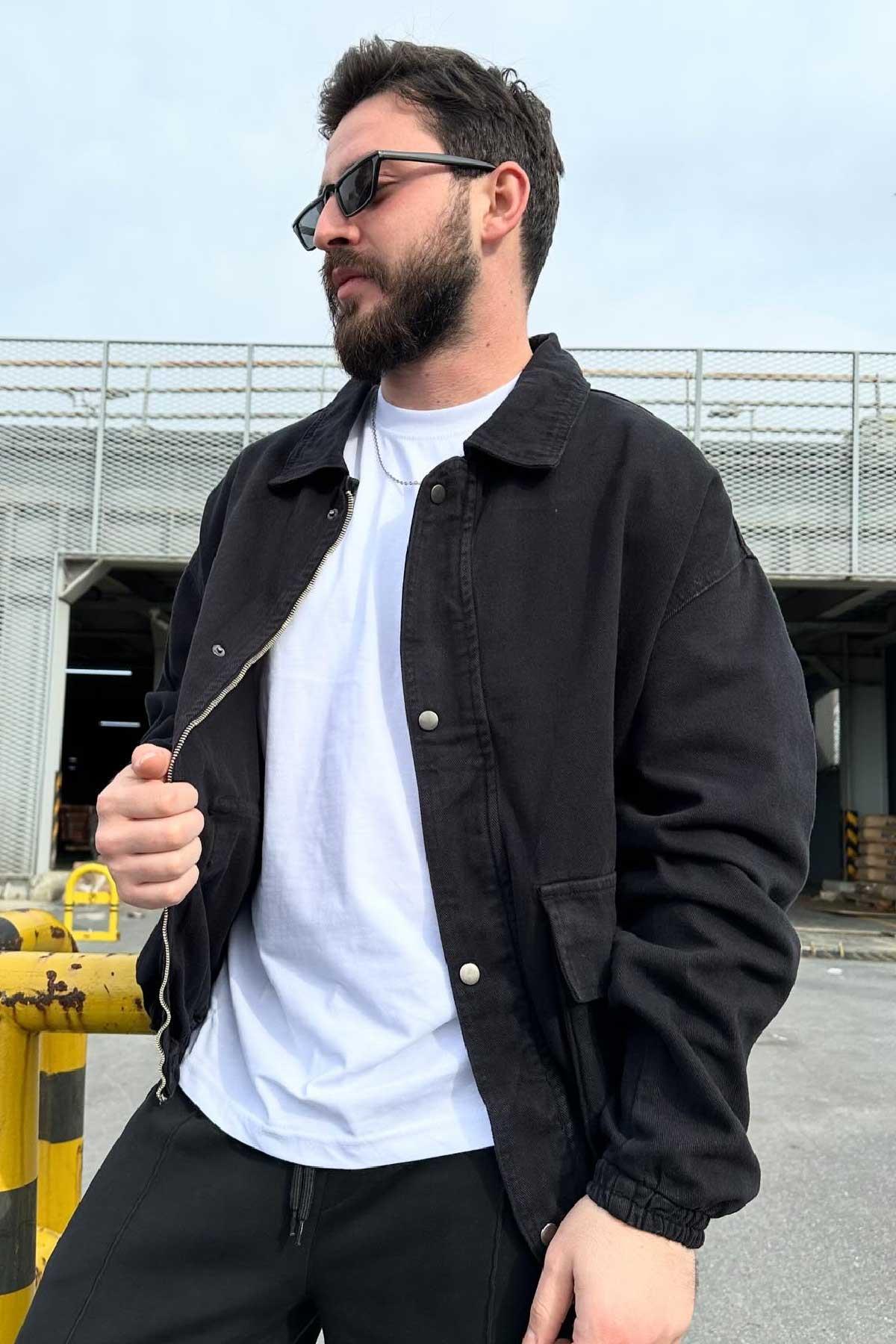 Siyah Gabardin Bomber Ceket