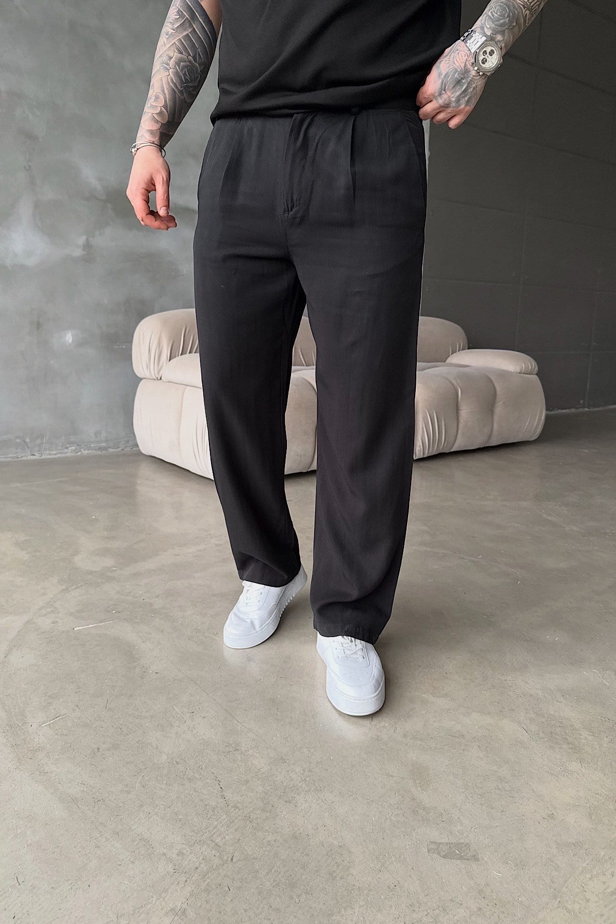 Siyah Modal Kumaş Baggy Pantolon 