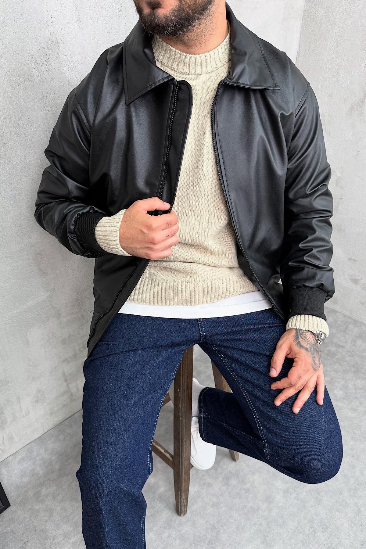 Siyah Normal Kalıp Deri Ceket