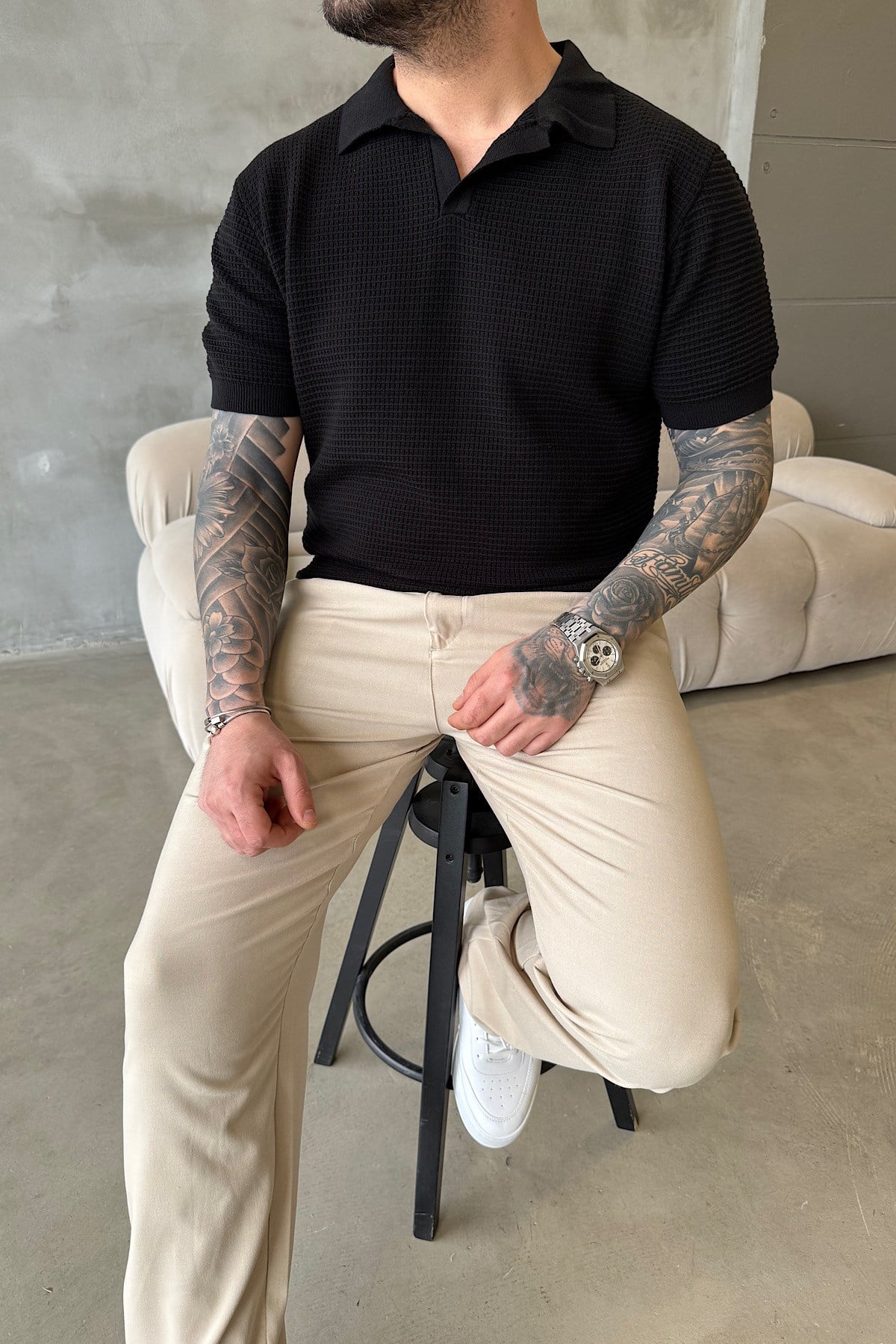 Siyah Örme Polo Yaka T-Shirt